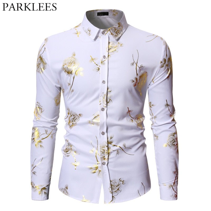 Mens Gold Rose Floral Print Shirts Brand Floral Steampunk Chemise White Long Sleeve Wedding Party Bronzing Camisa Masculina