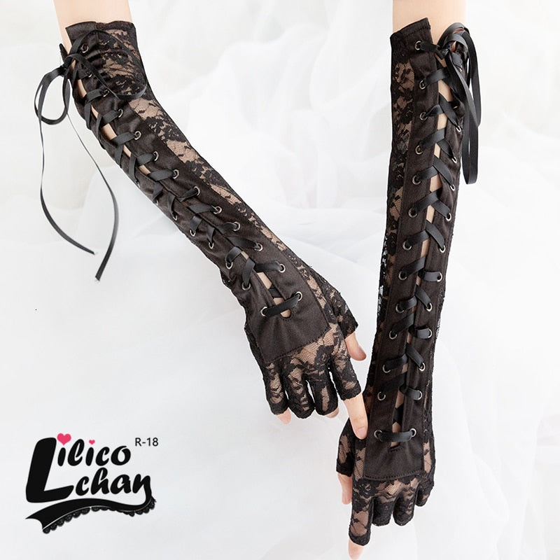 Black Lace Up Fingerless Gloves Elbow steampunk for Women