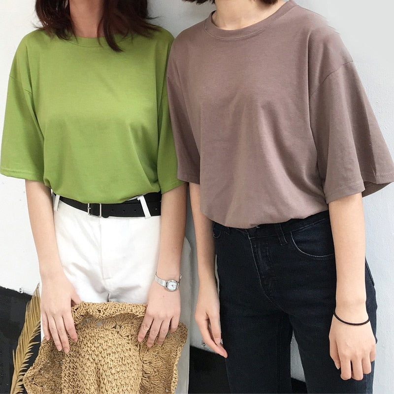 Women T-Shirts Summer Fashion Woman Cotton Tops Tees Casual Short Sleeve O-Neck tshirt Solid Color T Shirts