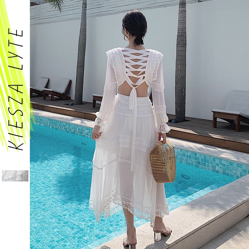 Women Summer Dress Sexy Chiffon Long Sleeve Hollow Out Bandage Back Ruched White Fairy Ladies Fashion Beach Holiday Dresses