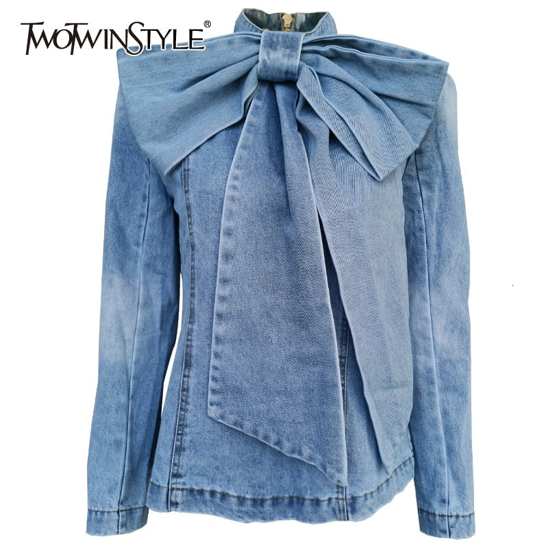 TWOTWINSTYLE Patchwork Bow Denim Women's Jacket Stand Collar Long Sleeve Vintage Ruched Jackets For Female 2022 Fashion Clothing
