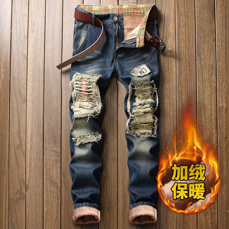 New Men's Winter Warm Fleece Denim Jeans