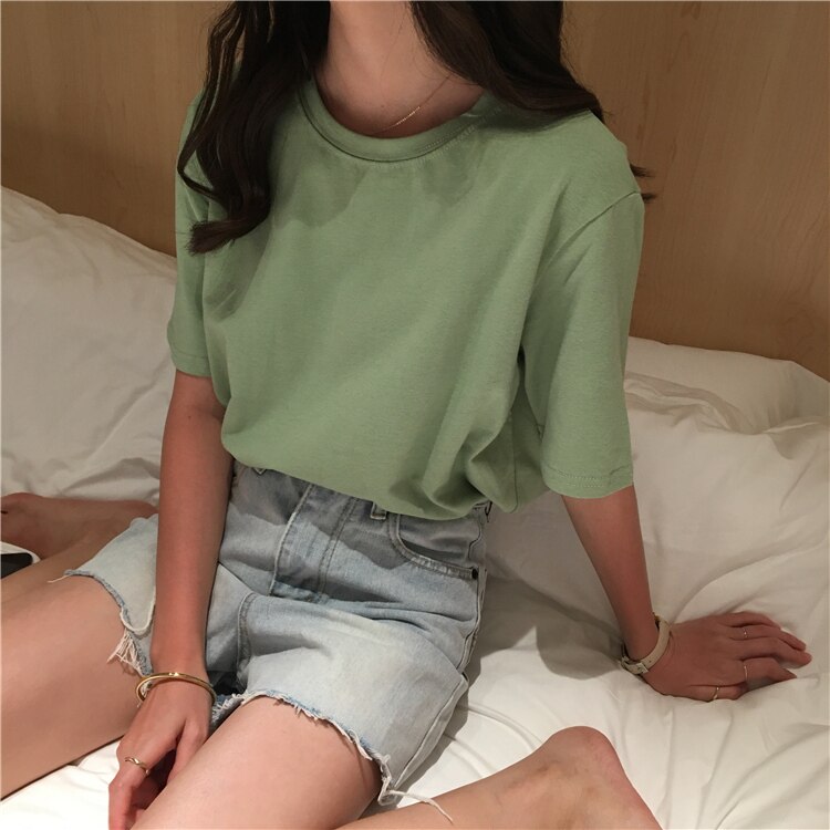 Women T-Shirts Summer Fashion Woman Cotton Tops Tees Casual Short Sleeve O-Neck tshirt Solid Color T Shirts