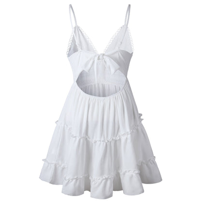 Ladies Summer White Lace Halter Dress. Sexy Backless Beach  Fashion, Sleeveless Spaghetti Strap Casual Mini Sundress.