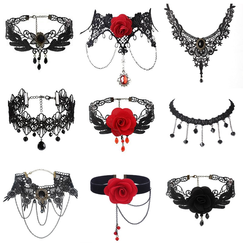 Gothic Chokers Black Beaded Flowers Sexy Lace Neck Choker Necklace Vintage Tassel Chain Women Steampunk Halloween Jewelry