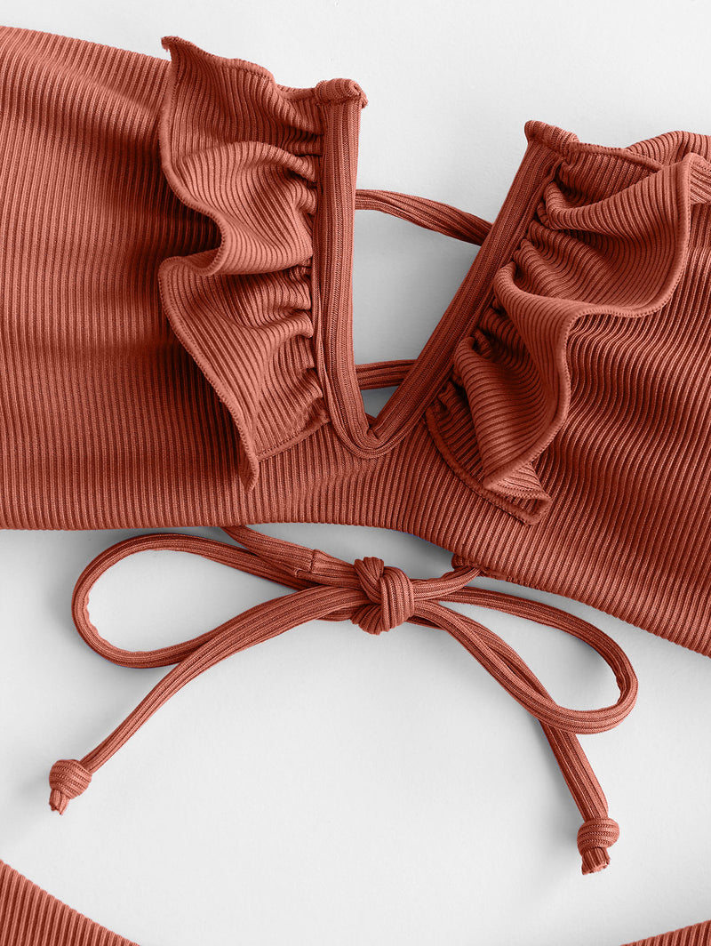ZAFUL V-wired Ruffle Ribbed High Cut Bikini Swimwear High Cut Strapless Lace Up Removable Padded Women Bathing Suit