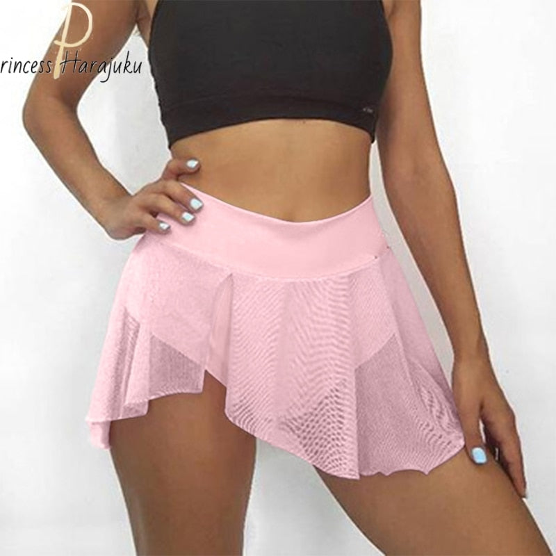 Summer Shorts Womens Fitness Sexy Veil Skirt Girls Gym Short Dance Skirt Shorts Solid Color Pantskirt Anti-emptied Shorts 2021