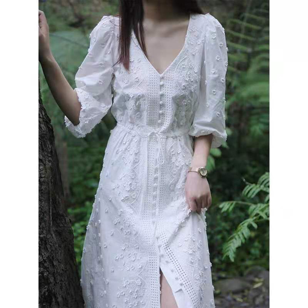 Jastie 2022 Autumn French White Maxi Dress Applique Embroidery Puff Sleeve V-Neck Dresses for Women Elegant Long Dress
