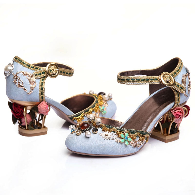Phoentin velvet ankle strap Chinese wedding shoes women crystal buckle pearl rhinestone flower decoration mary jane shoe FT267