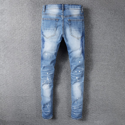 Sokotoo Men's rhinestone crystal patchwork light blue ripped jeans