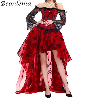 Sexy Black Gothic Dress, Hot Red Bustier Set, Steampunk Corset.