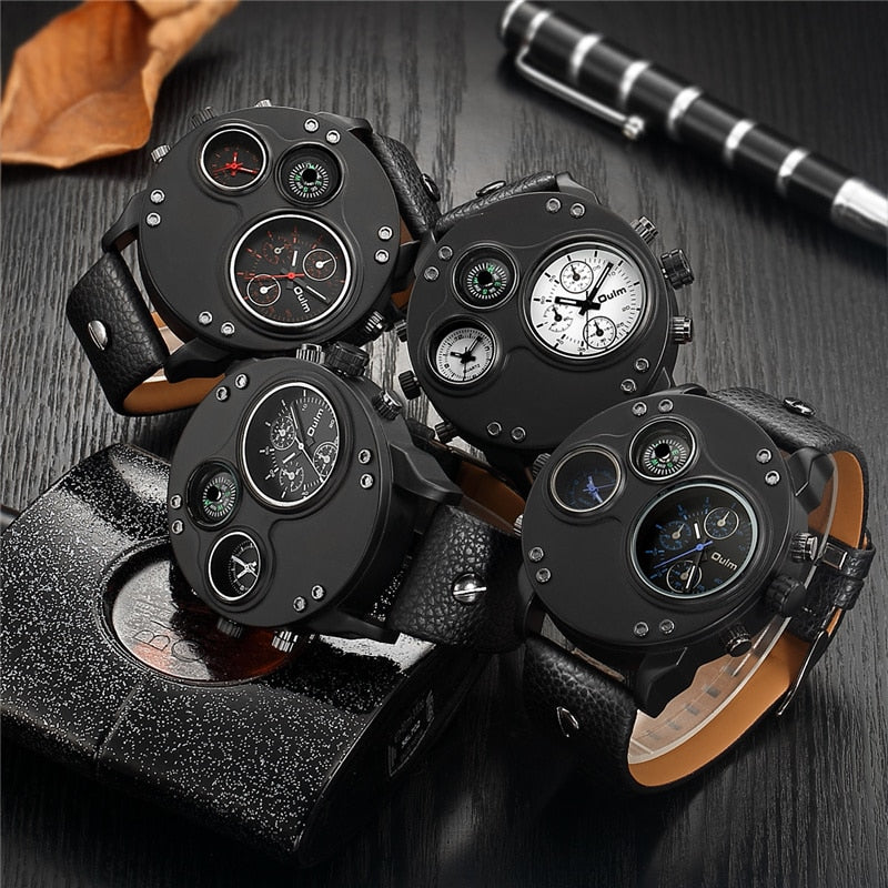 Oulm Unique Sport Watches Men Luxury Brand Two Time Zone Wristwatch Decorative Compass Male Quartz Watch relogio masculino