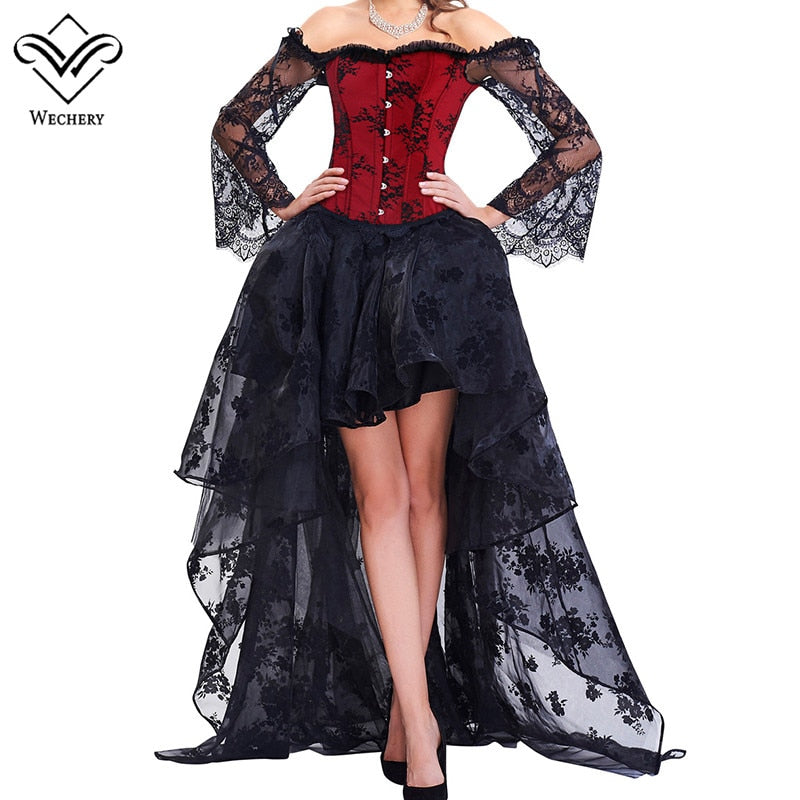 Wechery Women Steampunk Corset Sets Sexy Long Sleeve Lace Corselet Dress For Party Wedding Out of Shoulder Bustiers Korset Suit