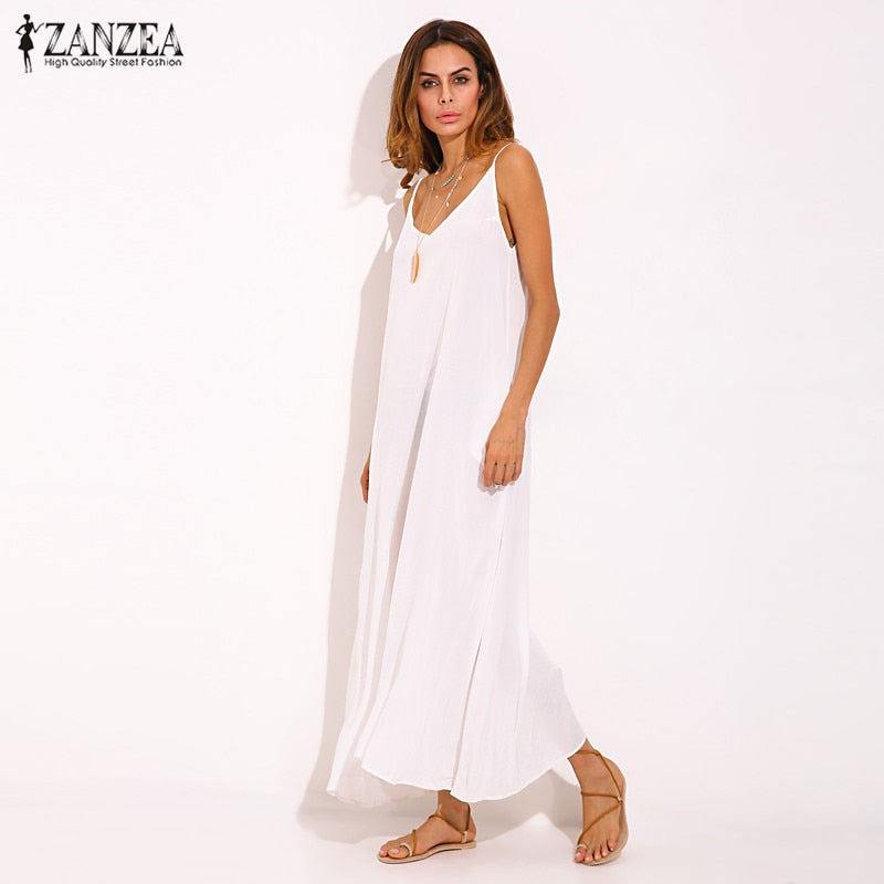 Vestidos 2023 Summer ZANZEA Women  Strapless Sexy V Neck Sleeveless Dress Casual Loose Long Maxi Solid Dress White Oversized