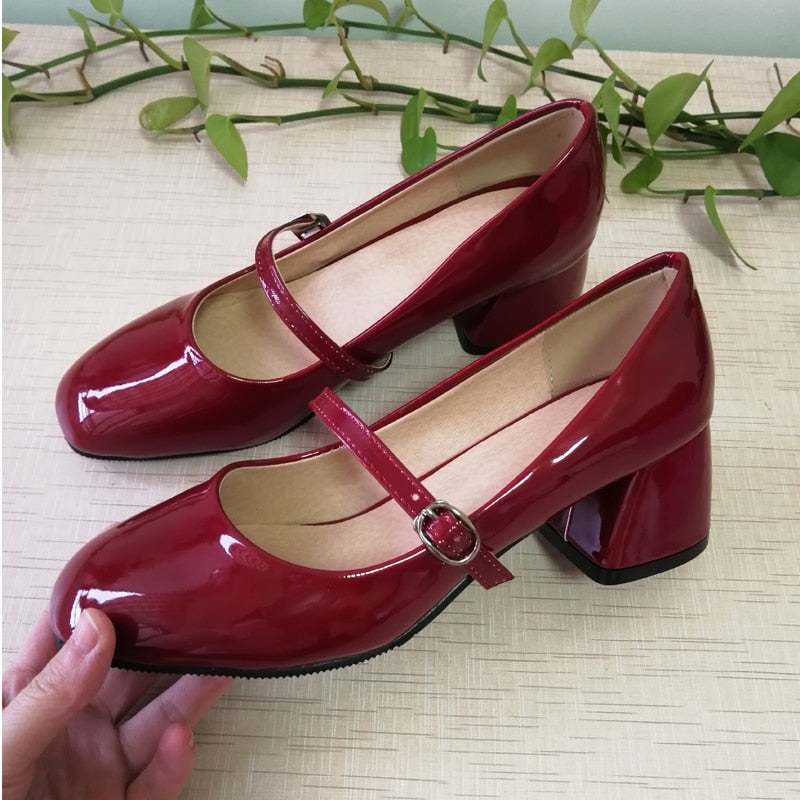 Meotina High Heels Shoes Women Mary Janes Shoes Patent Leather Med Heel Pumps Buckle Square Toe Ladies Shoes Red Plus Size 33-43