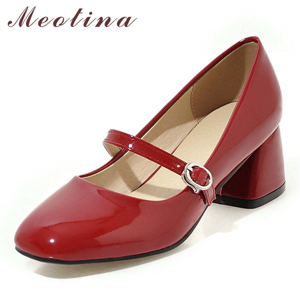 Meotina High Heels Shoes Women Mary Janes Shoes Patent Leather Med Heel Pumps Buckle Square Toe Ladies Shoes Red Plus Size 33-43