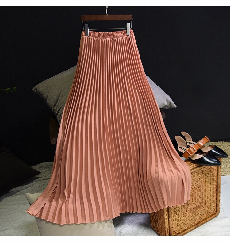 Womens Fashion Pleated Midi Long Skirt Female Korean Japanese Casual High Waist Skirts Jupe Faldas 10 Colors 2021 Spring SK295