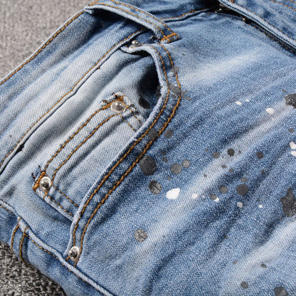 Sokotoo Men's rhinestone crystal patchwork light blue ripped jeans