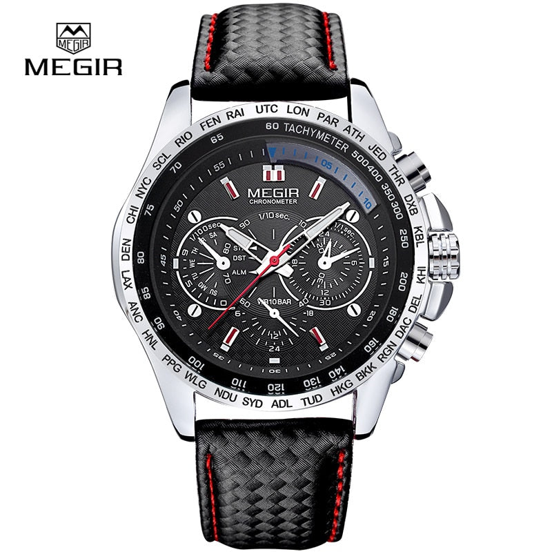 MEGIR hot fashion man's quartz wristwatch brand waterproof leather watches for men casual black watch for male 1010