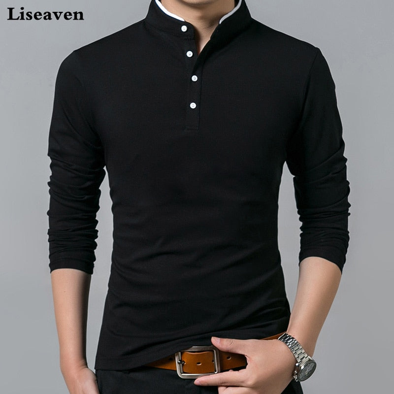 Liseaven T-Shirt Men Cotton T Shirt Full Sleeve tshirt Men Solid Color T-shirts tops&amp;tees Mandarin Collar Long Shirt