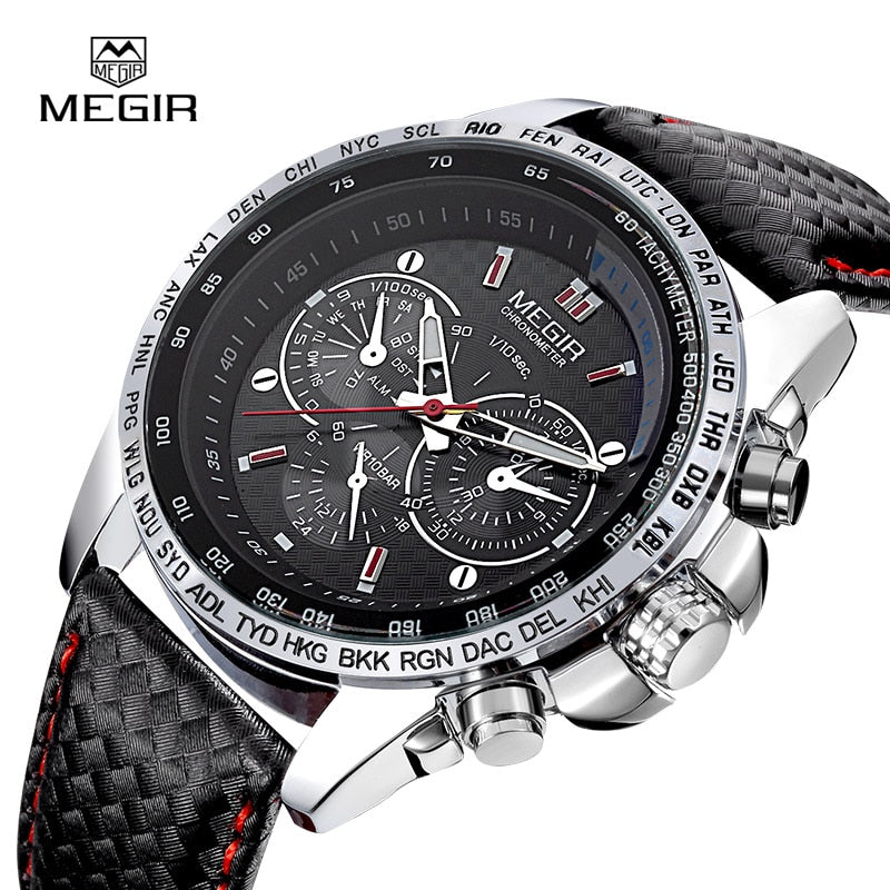 MEGIR hot fashion man's quartz wristwatch brand waterproof leather watches for men casual black watch for male 1010