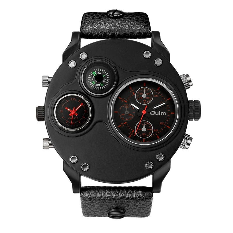 Oulm Unique Sport Watches Men Luxury Brand Two Time Zone Wristwatch Decorative Compass Male Quartz Watch relogio masculino