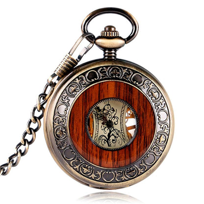 Vintage Wood Mechanical Pocket Watch with ChainRoman Numerals. A great Gifts for your Husband.