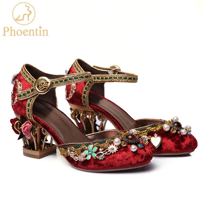 Phoentin velvet ankle strap Chinese wedding shoes women crystal buckle pearl rhinestone flower decoration mary jane shoe FT267