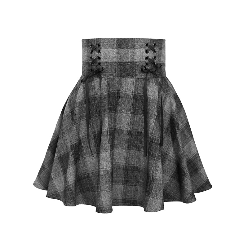 Gothic Women Skirts Fashion Autumn Winter Plaid Woolen Skirt Female High Waist Lace Up Mini Thick Warm Girls Saia 2022