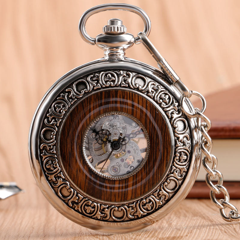Vintage Wood Mechanical Pocket Watch with ChainRoman Numerals. A great Gifts for your Husband.