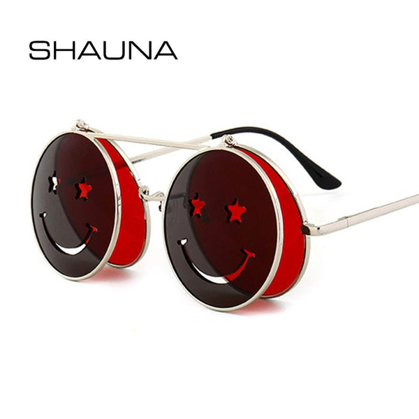 SHAUNA Spring Hinge Cute Smiling Face Women Folding Punk Sunglasses Unique Men Double Lens Tinted Steampunk Glasses UV400