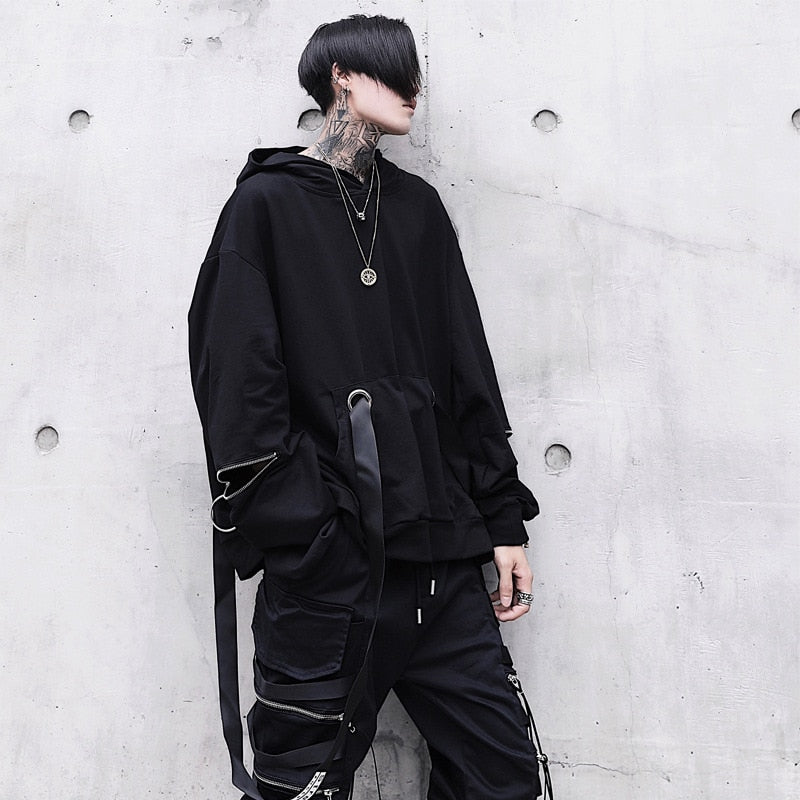 Harajuku Hip Hop Loose Hoodies Sweatshirts Men 2018 Hooded Ribbon Pullover Hoodie Mens Streetwear Tracksuit Hoody Black GW002