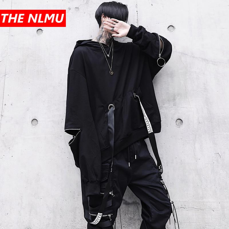 Harajuku Hip Hop Loose Hoodies Sweatshirts Men 2018 Hooded Ribbon Pullover Hoodie Mens Streetwear Tracksuit Hoody Black GW002