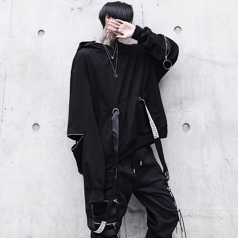 Harajuku Hip Hop Loose Hoodies Sweatshirts Men 2018 Hooded Ribbon Pullover Hoodie Mens Streetwear Tracksuit Hoody Black GW002