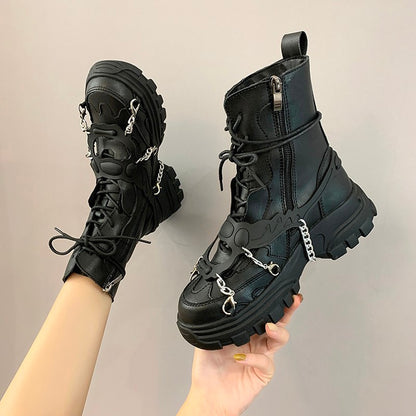 New Leather Womens Ladies Ankle Boots Mid Heel Lace Up Worker Army Black Goth Shoes Autumn Sexy Chain High Quality P416