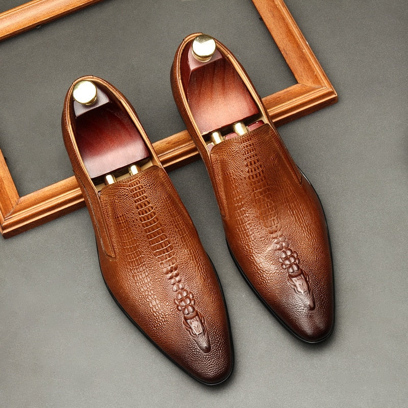 Handmade Mens Wedding Oxford Shoes Black Khaki Genuine Leather Brogue Men&#39;s Dress Shoes Slip On Business Formal Shoes For Men