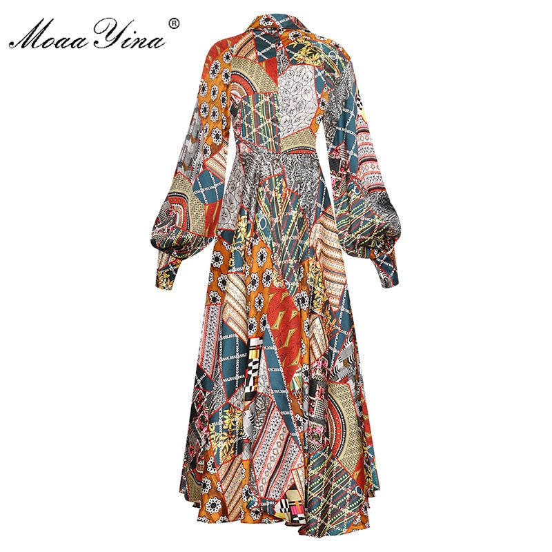 MoaaYina Designer Women Spring Summer Lapel Single Breasted Lantern Long Sleeve Vintage Print Dress