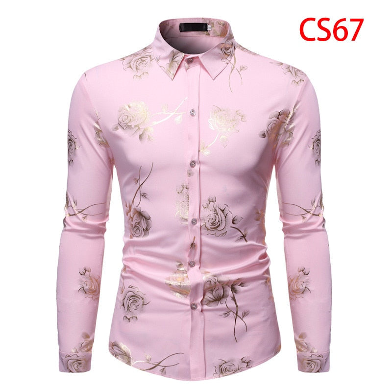 Mens Gold Rose Floral Print Shirts Brand Floral Steampunk Chemise White Long Sleeve Wedding Party Bronzing Camisa Masculina