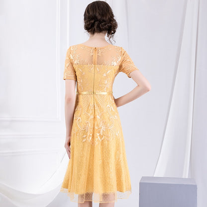 Early autumn new style round collar slim mesh yarn dress short sleeve high waist Embroidered Beaded A-shaped dresses