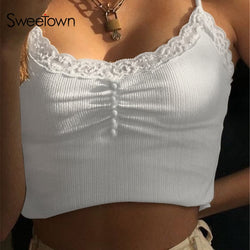 Sweetown Streetwear Lace Patchwork Summer Solid White Tank Top Women Home Fashion Leisure Outfit Casual Crop Tops Kawaii Clothes