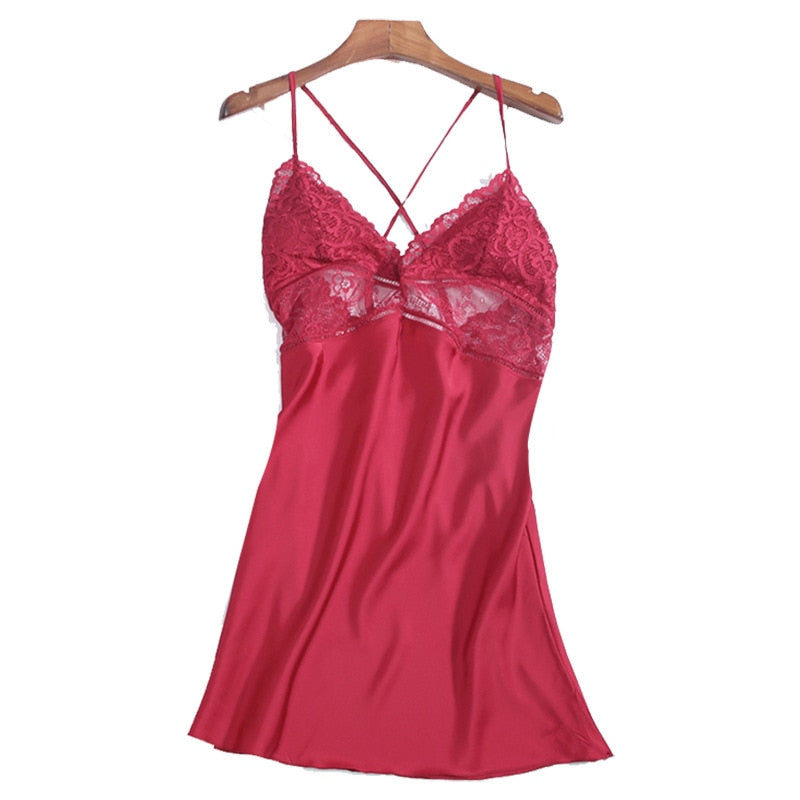 New Lingerie Backless Lace V-neck Nightwear Satin Nightdress