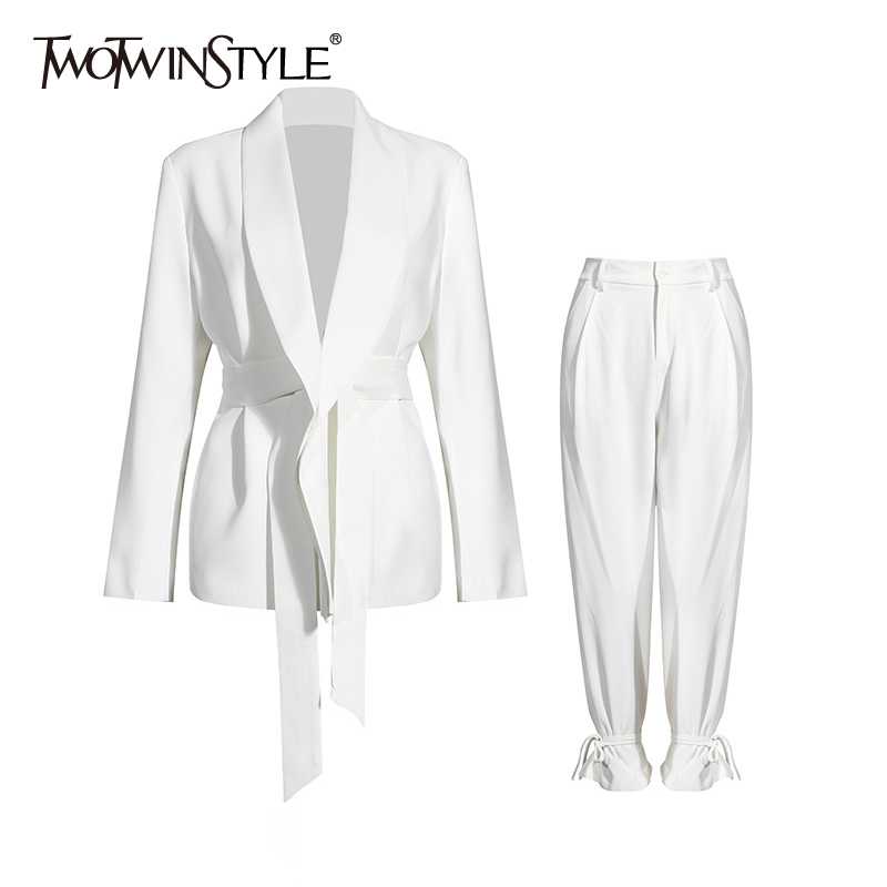 TWOTWINSTYLE Solid Color Korean Two Piece Set Women Blazer High Waist Belt Lace-up Straight Pants Suits Female 2022 Fashion New