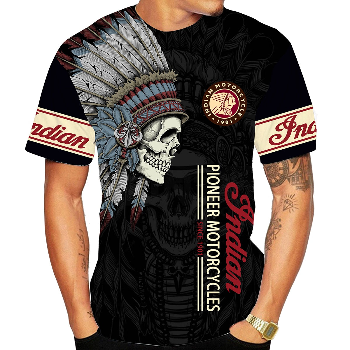 Indian Skull Style Motorcycle Print T Shirt Men Oversize Casual Short Sleeve Quick Dry Tee Tops Summer Unisex Clothes Streetwear