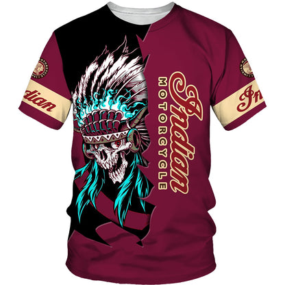 Indian Skull Style Motorcycle Print T Shirt Men Oversize Casual Short Sleeve Quick Dry Tee Tops Summer Unisex Clothes Streetwear
