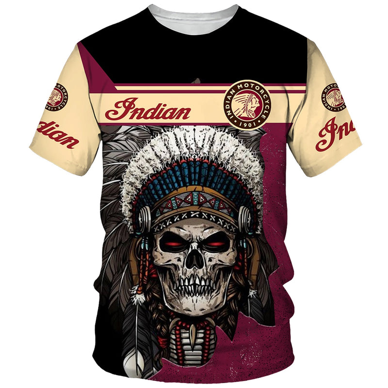 Indian Skull Style Motorcycle Print T Shirt Men Oversize Casual Short Sleeve Quick Dry Tee Tops Summer Unisex Clothes Streetwear
