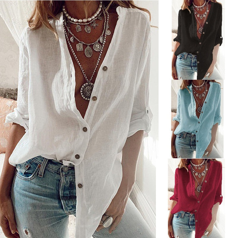 S-5XL Oversized Autumn Cotton Linen Shirt Fashion Button Up Women Shirts White Casual Loose Tops Solid Rollable Sleeve Top Blusa