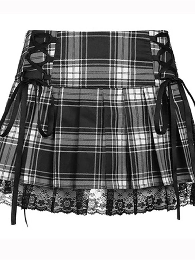 Skirts Women Lace Up Goth Skirt Plaid Lace Up Mini Skirt Female Punk Style Ladies Skirt Summer Streetwear Black Sexy Jupe Femme