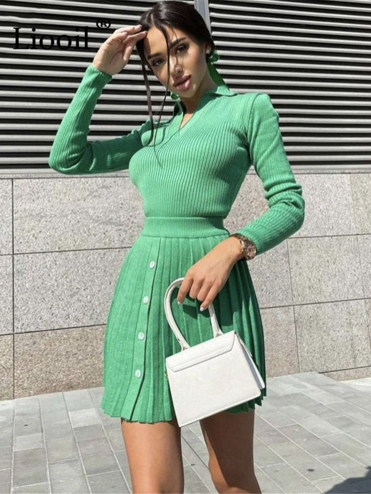 Two Piece Sweater Outfits Set Women Knitted Tops And Pleated Mini Skirts Long Sleeve V Neck Button Up Streetwear Sexy Skirt Sets