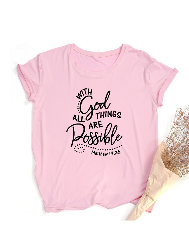 With God All Things Are Possible Print Women Christian T Shirt Religious Graphic Tees Faith Female Tops Summer Clothes Camisetas