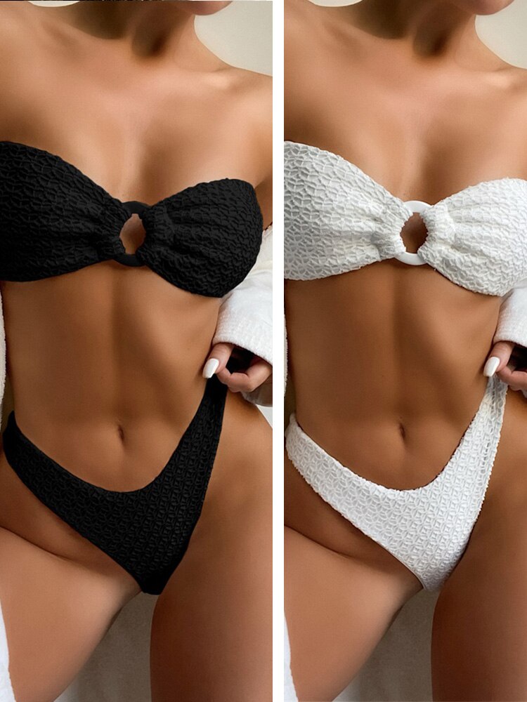 White Color Bikinis Bandeau Swimwear Women Swimsuit Sexy Ruffles Bikini Set Thong Beachwear Summer Bath Suit Hollow Out Biquini